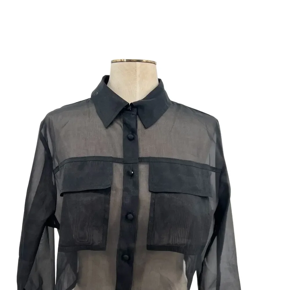 Meshki Elaina Sheer Button Up Cropped Shirt Black Organza Top Womens Size Small - Picture 3 of 9